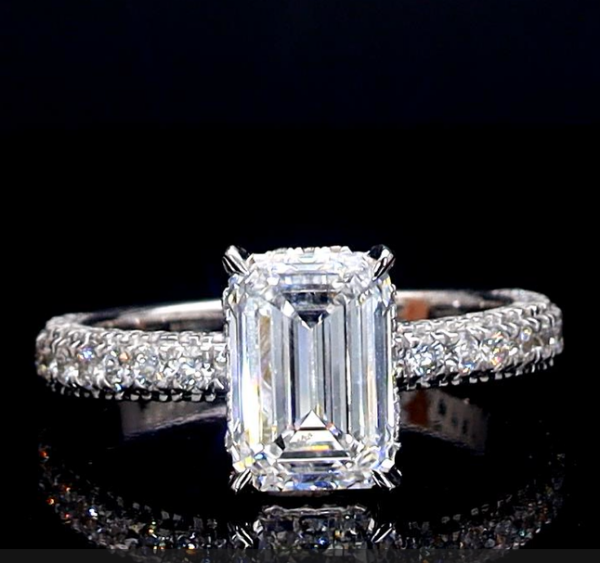 Picture of 3 Carat Emerald Cut Diamond Solitaire Ring With Pave Band.