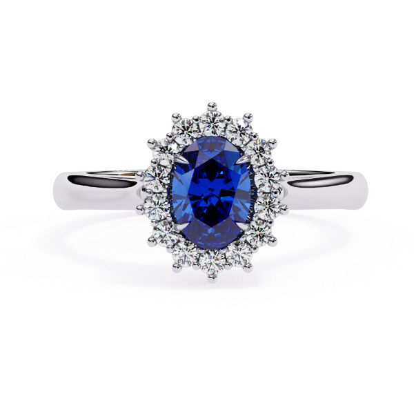 Picture of Oval Cut Blue Sapphire Ring, Encircled By A Halo Of Diamonds.