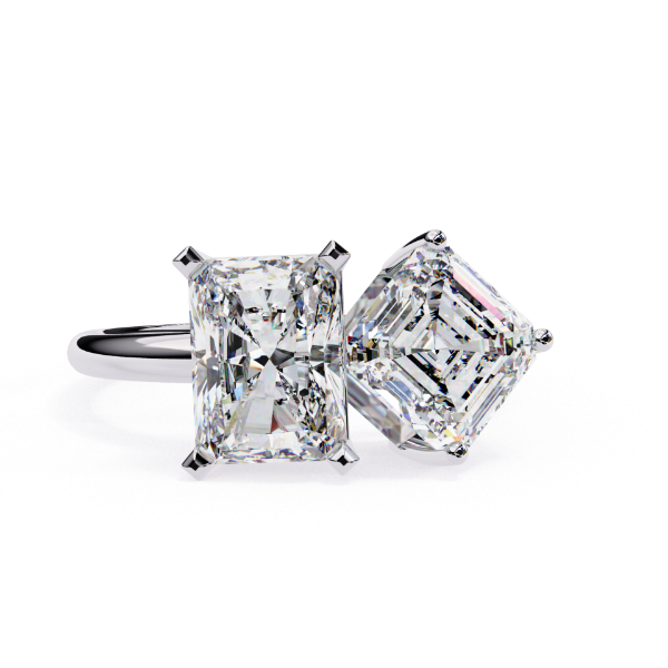 Picture of 1.80 CT Asscher And 2.20 CT Radiant Cut Lab Grown Diamond Two Stone Ring. (4 CTW Diamonds)