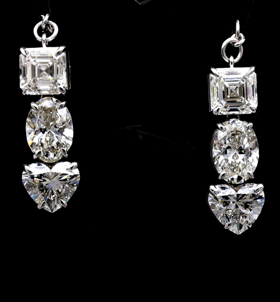 Picture of Drop Earrings featuring Asscher,Oval And Heart Shaped Diamonds In A Triple Stone Design.