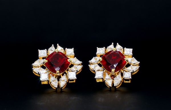 Picture of 3 Carat Stud Earrings With Rubby Center,Princess And Triangle Cut Diamond Accents.